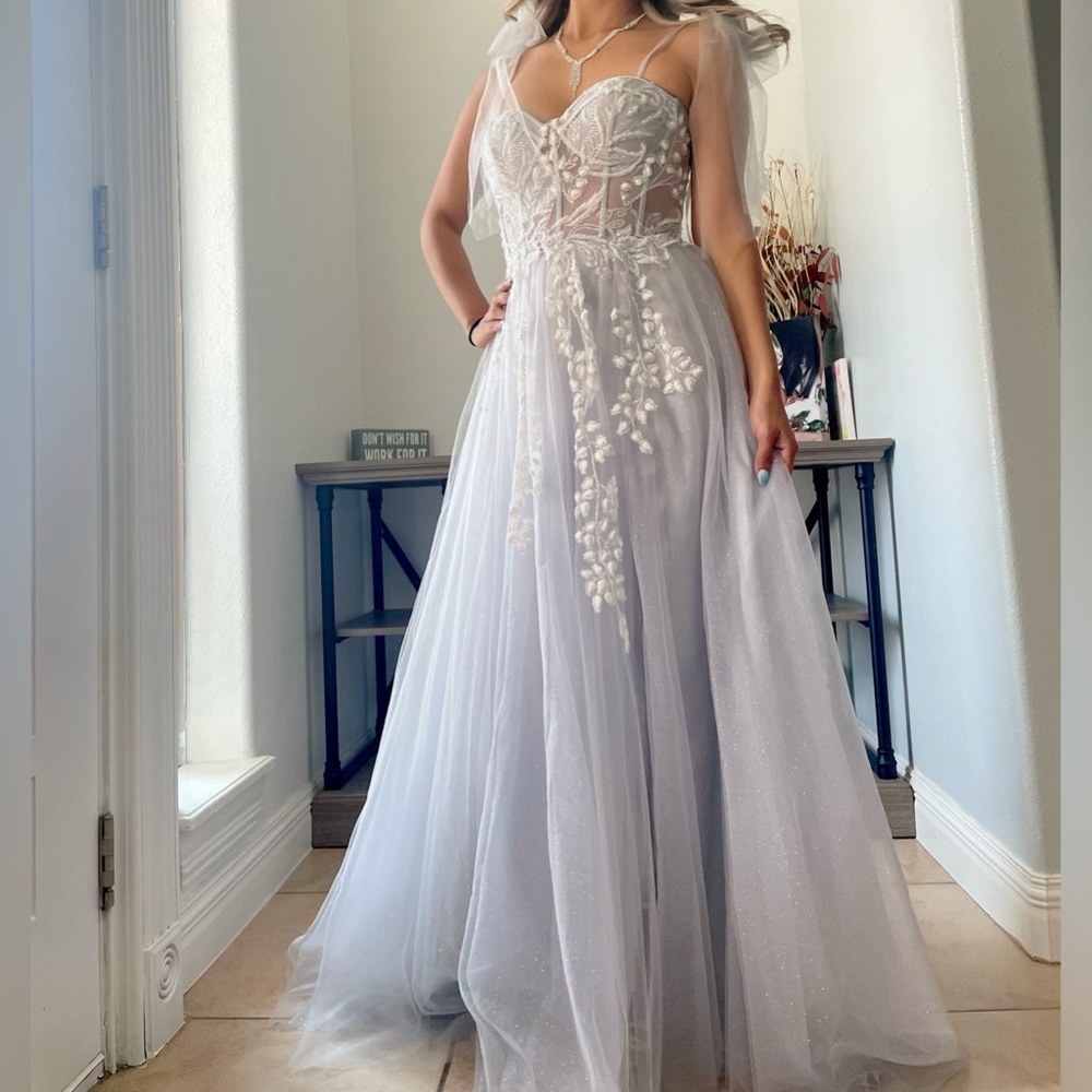 GB Social Tie Shoulder Illusion Embroidered Corset Slit Hem Glitter Tulle Dress